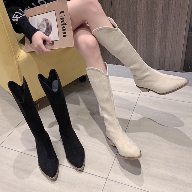 [Sẵn be 36] Boots lửng ulzzang da lộn cổ cao mũi nhọn gót 4cm