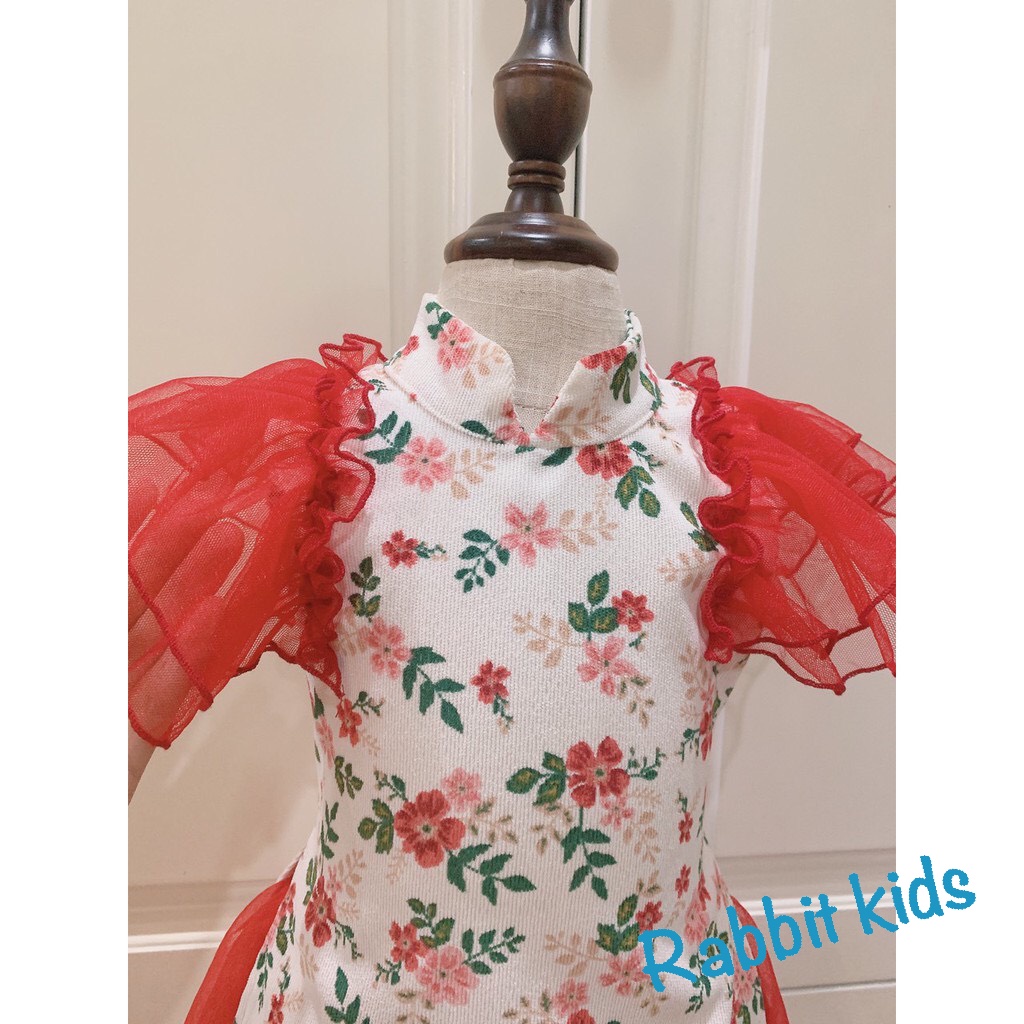 Áo Dài Cách Tân Thiết Kế Cao Cấp Cho Bé Gái FREESHIPTẶNG TURBAN-Rabbit Kids-Đầm Tết Trẻ Em Hoạ Tiết Hoa Lá Chân Váy Đỏ