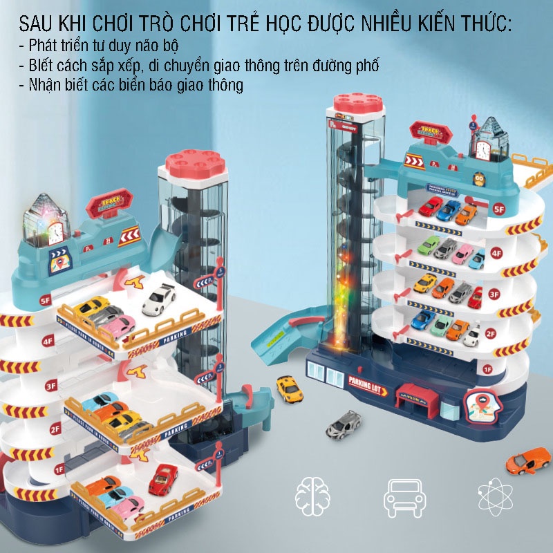 Đồ chơi mô hình bãi đỗ xe 5 tầng kích thước lớn có nhạc có đèn kèm sẵn 8 ô tô nhiều màu sắc cho bé