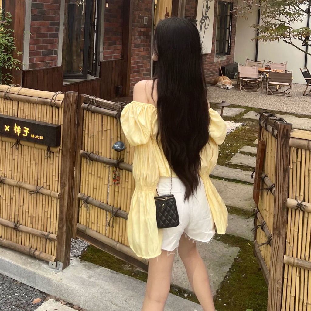 Ahoyeap Áo sơ mi tay dài phồng hai trong một dáng ngắn thiết kế cá tính thời trang xuân thu