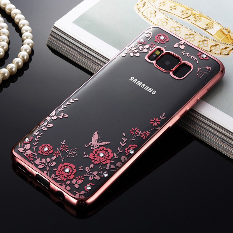 Samsung Galaxy J7 Prime / J7 Core Case Fashion Diamond Flower Rose Gold Silicone Clear Back Cover