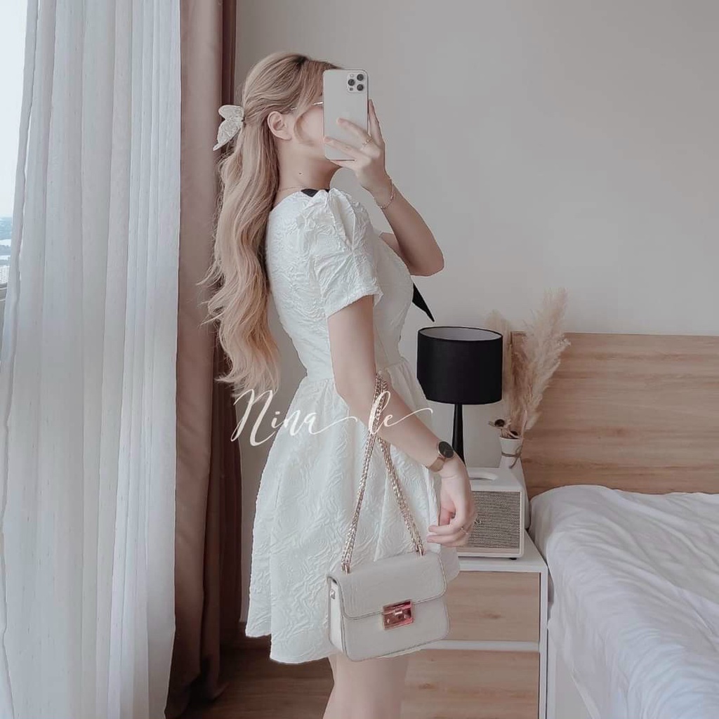 đầm xòe tiểu thư tay ngắn cổ phối nơ cute thích hợp cho các buổi tiệc