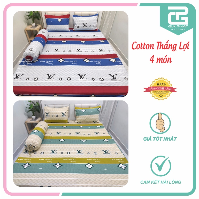 Bộ ga gối Thắng Lợi {4 món}100% Cotton chuẩn logo họa tiết LV