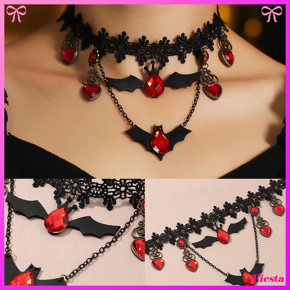 Vòng Cổ Choker Ren Mặt Hình Dơi Đính Đá Pha Lê Phong Cách Halloween