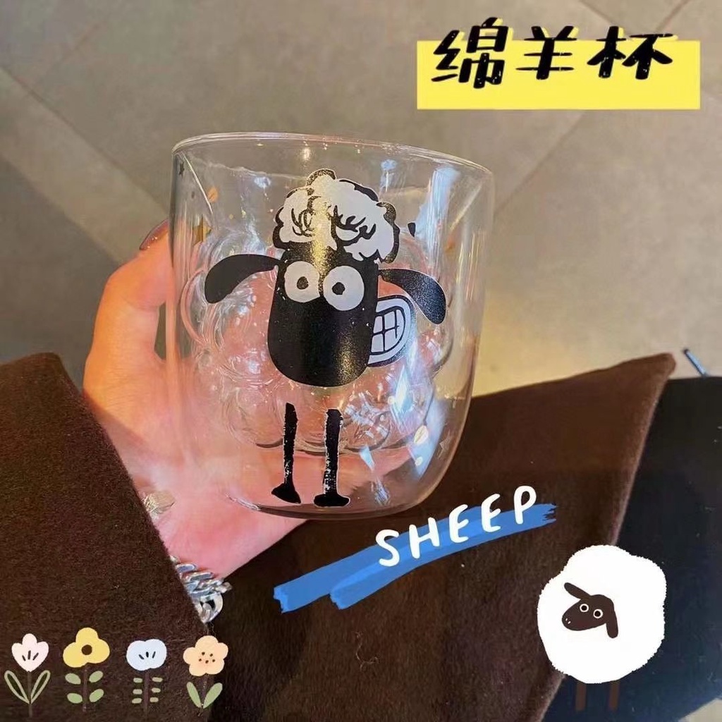 Cốc Thủy Tinh Dày Hai Lớp Chịu Nhiệt Độ Cao In Hình Cừu Dễ Thương Cho Nữ Sinh/Sinh Viên