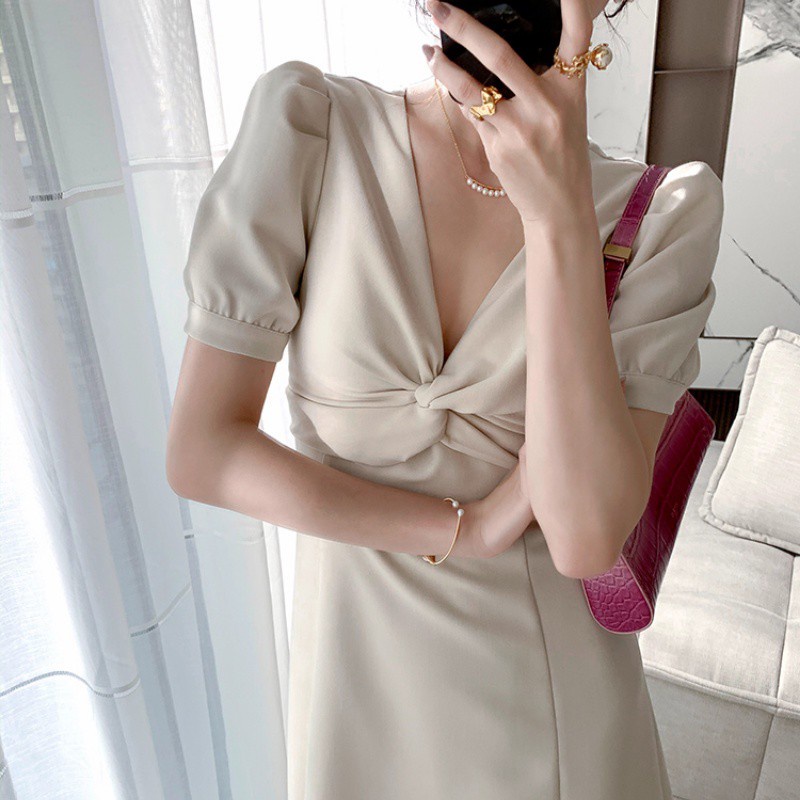 Đầm midi dáng ôm tay phồng phong cách Hàn Quốc thời trang mùa hè cho nữ