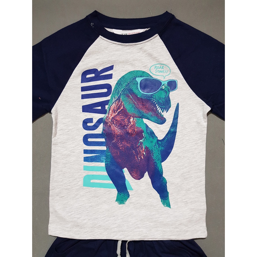 Bộ thun cotton mát mẻ tay ráp lăng in họa tiết khủng long thể thao cho bé trai