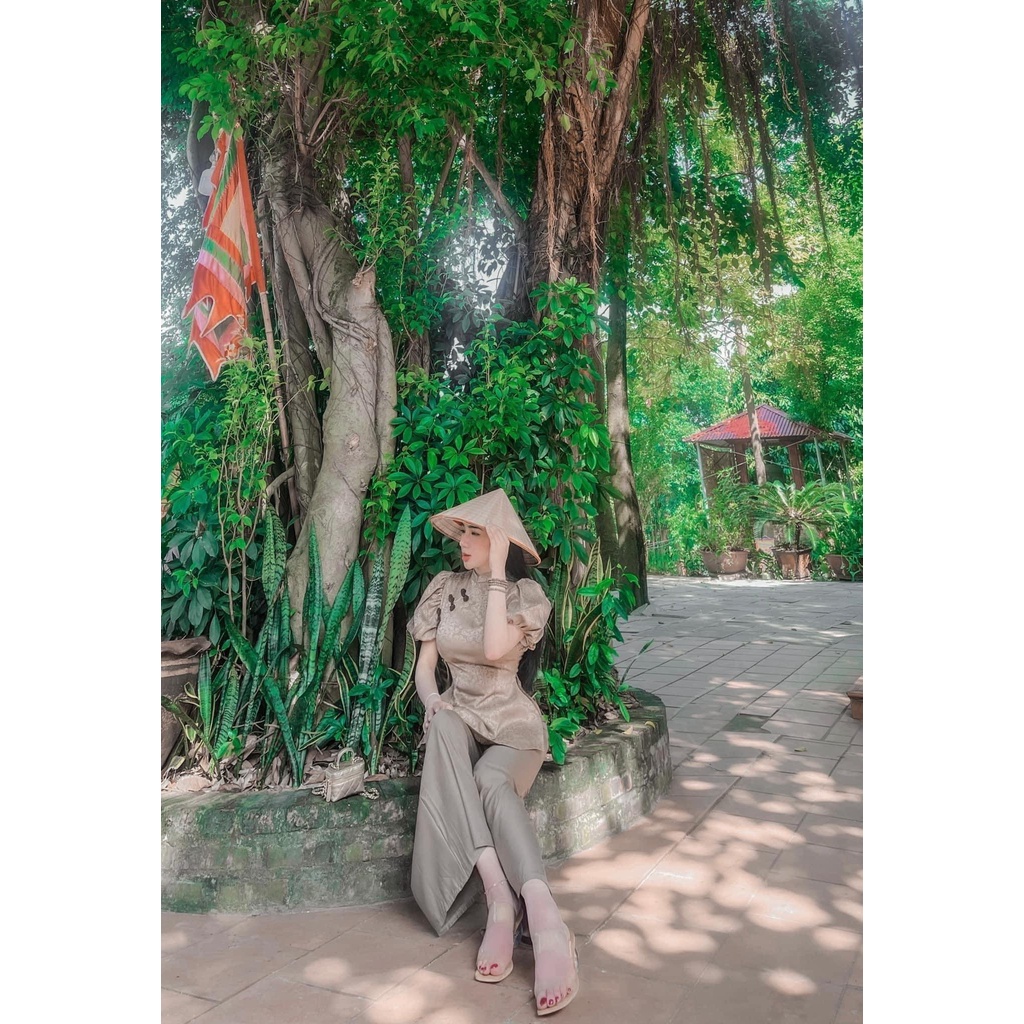 Đồ Lam Đi Chùa Bé - Bộ Đôi Mẹ & Bé Đ Lễ Chùa Vải Lụa Gấm Nổi Cao Cấp Hồng Kông Tay Phồng BÉ AL028