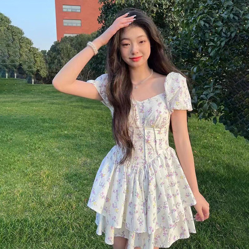 Đầm Tay Phồng Ngắn Cổ Vuông Ôm Eo In Họa Tiết Kiểu Retro Hàn Quốc Xinh Xắn Cho Nữ