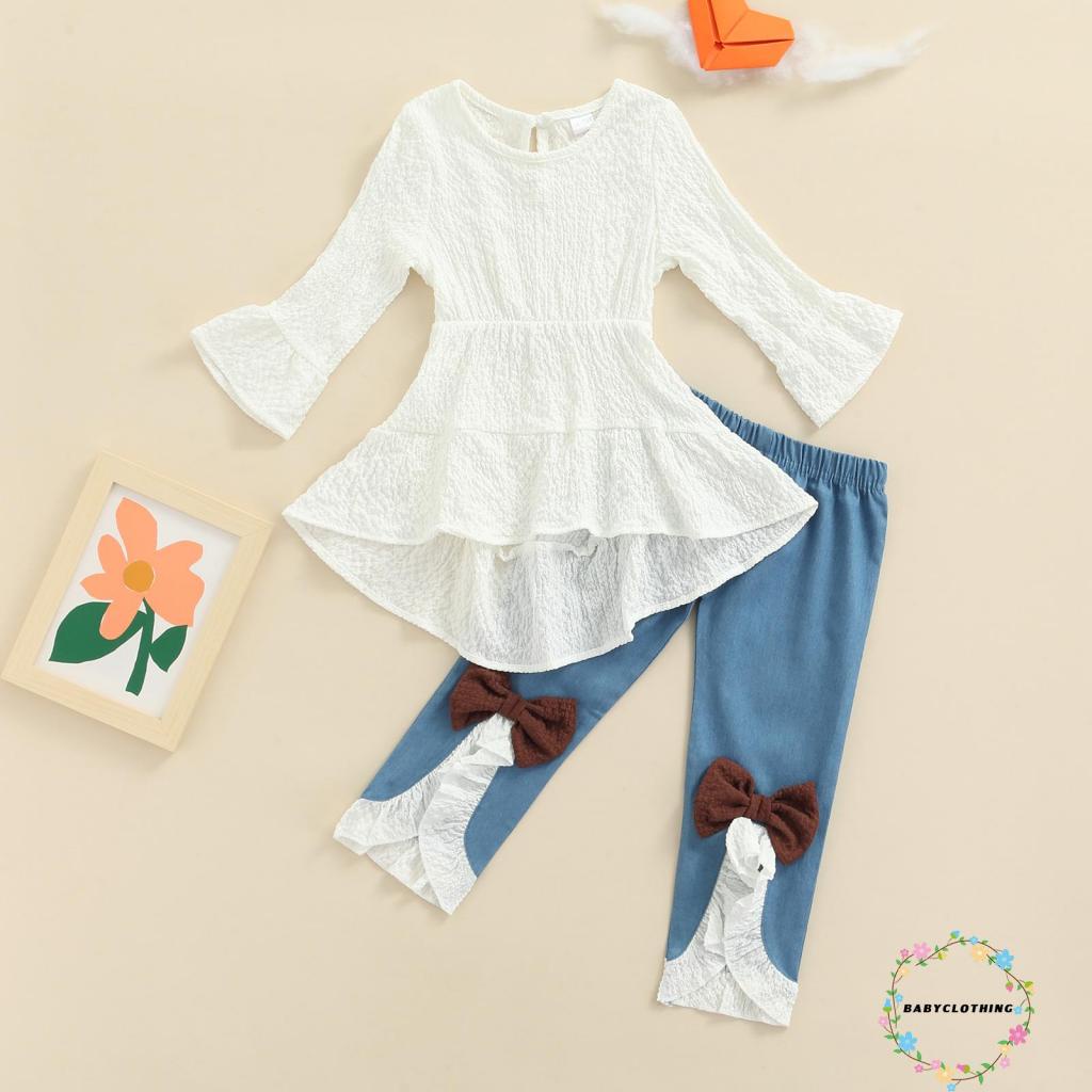 Set áo thun tay dài cổ tròn phối quần lưng thun co giãn đính nơ viền ren thanh lịch cho bé gái