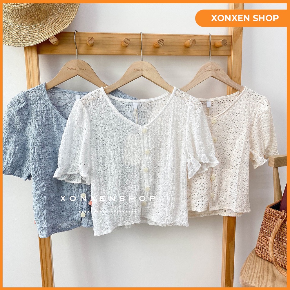 Áo kiểu nữ croptop cộc tay hoa tiết hoa, chất vải xô thoáng mát FREESIZE.