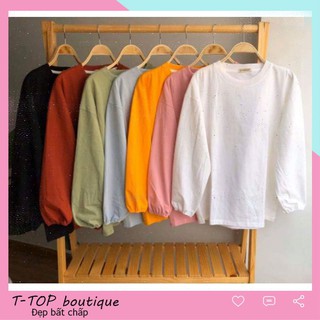 Áo nỉ nữ sweater dài tay trơn Thu Đông bo chun tay