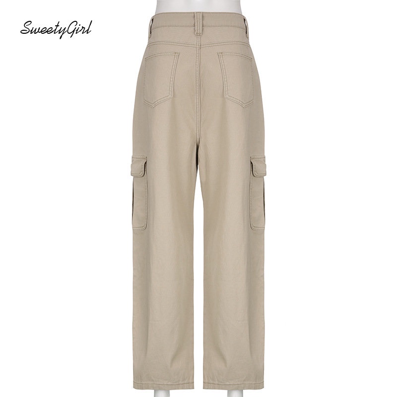 Quần Kaki Dài Lưng Cao Dáng Rộng Màu Trơn Phối Túi Thời Trang 2022 Cho Nữ