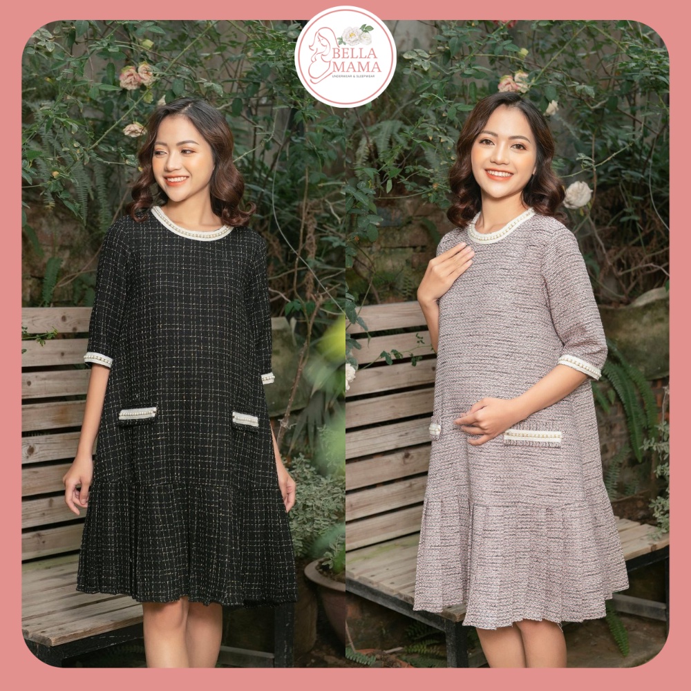 Sale Sốc Váy bầu thu đông thiết kế dạ tweed cổ viền trai /Váy bầu dáng xuông ấm áp mùa đông Bella mama