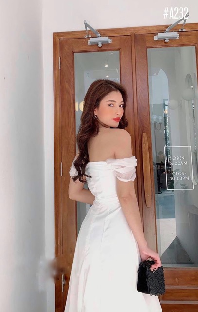 Đầm dự tiệc trắng trễ vai phi phối lưới | BigBuy360 - bigbuy360.vn