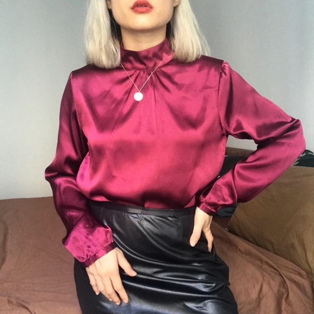 Áo kiểu cổ trụ satin 2hand Nhật