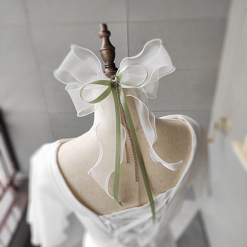 ( Có sẵn 4 màu) Kẹp tóc voan bèo nơ lụa phối dây đá dài GA-90