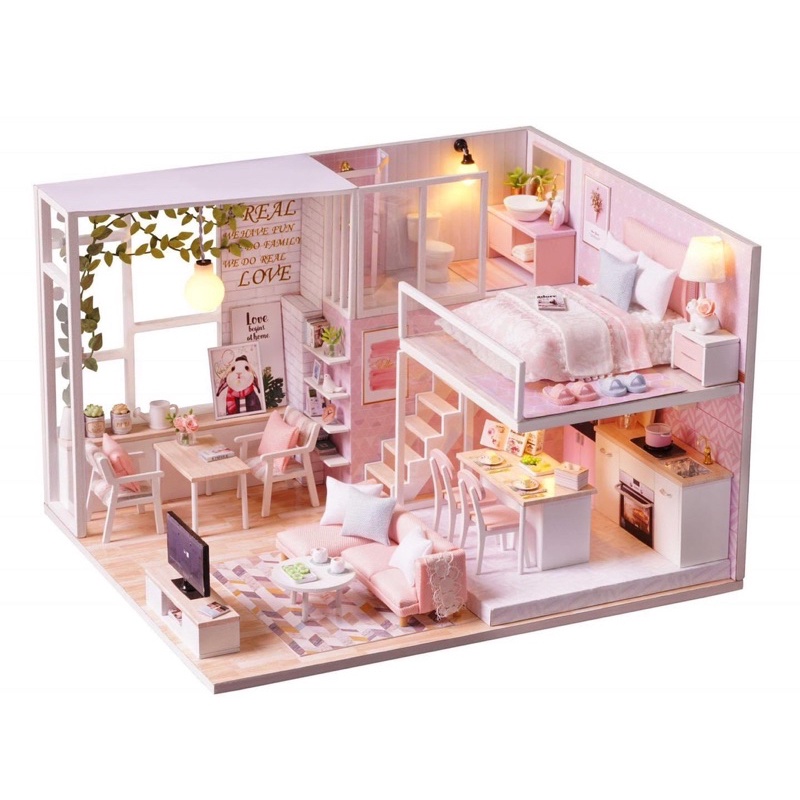 Mô hình đồ chơi lắp ghép nhà búp bê gỗ màu hồng DIY - Mô hình gỗ - Mô hình tí hon (tặng kèm keo và mica)