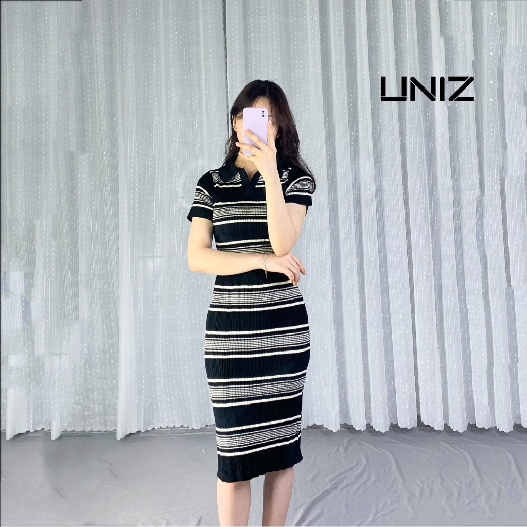 ( Ảnh thật ) Váy đầm len kẻ ngang mongtoghi body cổ sơ mi UNIZ vaylenkebody