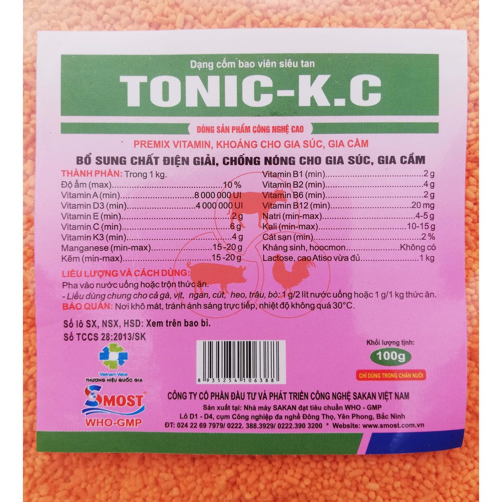 1 gói TONIC - K.C 100g Premix Vitamin, Khoáng Bổ sung chất điện giải, Chống nóng cho gia súc, gia cầm, chó mèo