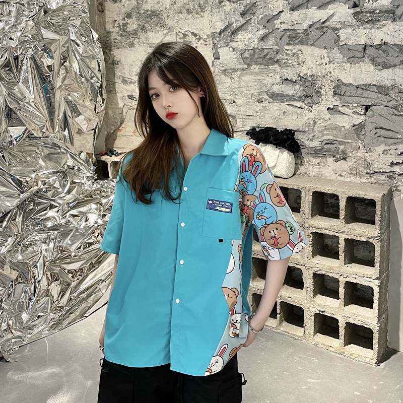 Áo sơ mi ngắn tay dáng rộng in họa tiết hoạt hình phối màu tương phản phong cách Hàn Quốc cá tính cho nữ