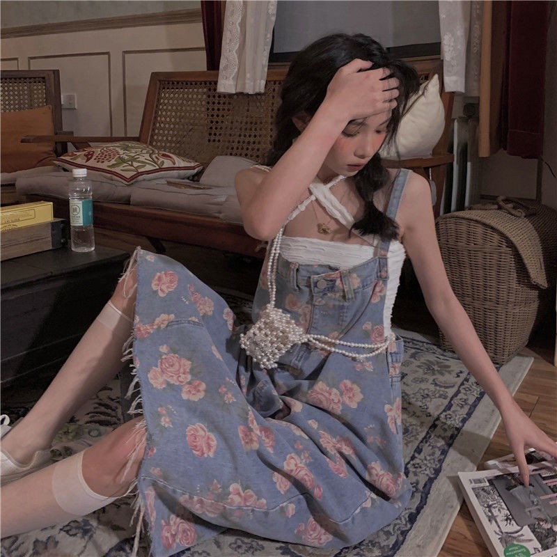 Váy treo in hoa hồng denim hai mảnh mùa hè 2023 dài họa tiết hoa váy treo váy denim