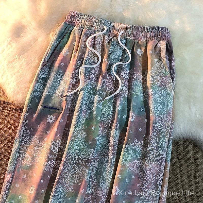 Spring-Summer2021New Tie-Dyed Fried StreetinsCouple Korean Style Loose Straight Wide Leg Ankle-Tied Casual Track Sweatpants