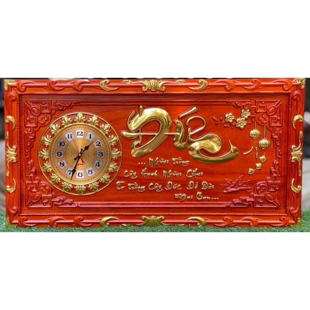 Đồng Hồ Gỗ Hương Treo Tường, Tranh đồng hồ treo tường Chữ Nhẫn Kích thước 41cm x 81cm, dày 3cm