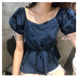 Kukee Áo sơ mi ngắn tay trễ vai nhún bèo eo