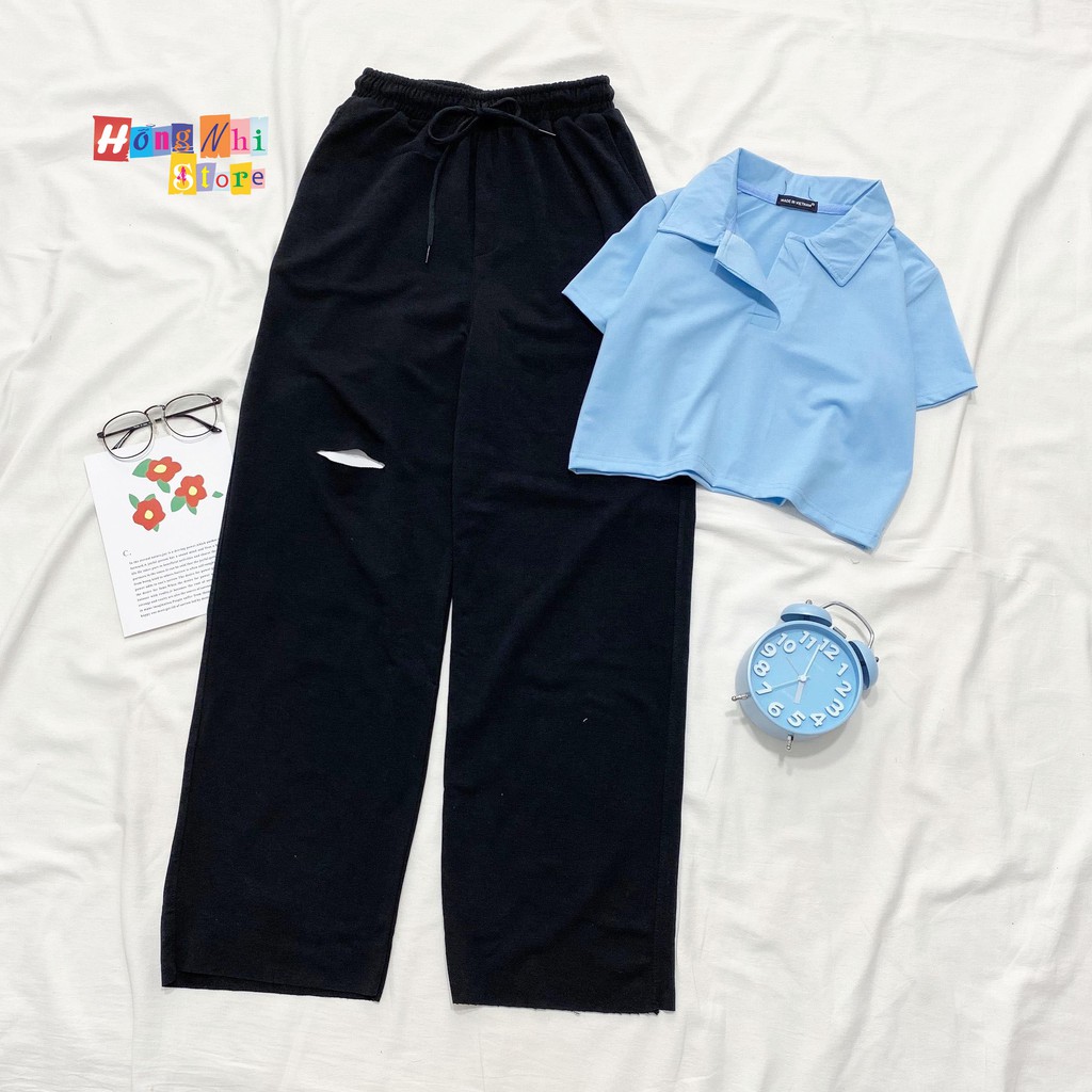 Quần Ống Rộng Rách Gối Màu Đen Lưng Thun Culottes Ulzzang Unisex - MM