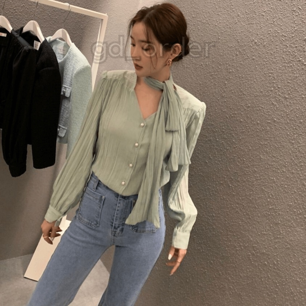 A18|Áo sơ mi nữ công sở đẹp kiểu hàn quốc dây đai cổ tay phồng gd_order
