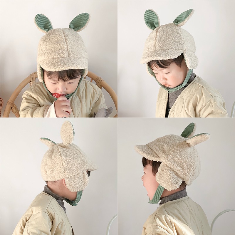 Mũ lông cừu thiết kế tai thỏ ấm áp đáng yêu dành cho trẻ em