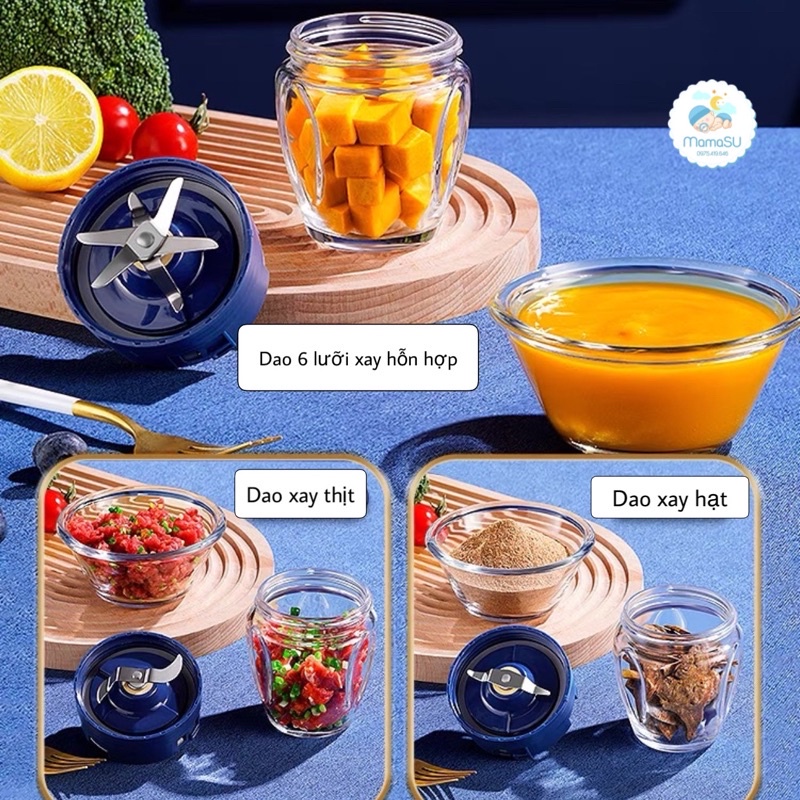 Máy Xay Đồ Ăn Dặm Cho Bé 3 Cối 6 Lưỡi Dao Hàng Nội Địa Trung, Máy Xay Đồ Ăn Dặm Mini Cho Bé Gồm 3 Cối Thủy Tinh Đa Năng