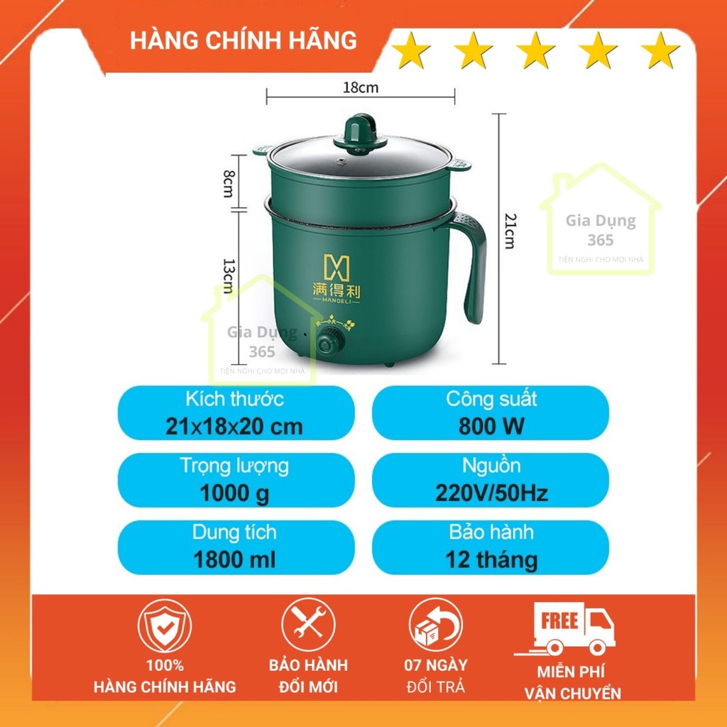 Nồi Lẩu Điện Mini Núm Xoay 2 NẤC NHIỆT Kèm Giá Hấp 1,8L, Ca Nấu Mì, Nấu Cơm Đa Năng 2 Tầng Cao Cấp