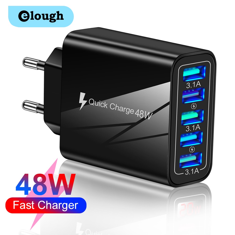 Đầu Sạc Nhanh QC 3.0 5 Cổng USB Gắn Tường Cho Điện Thoại