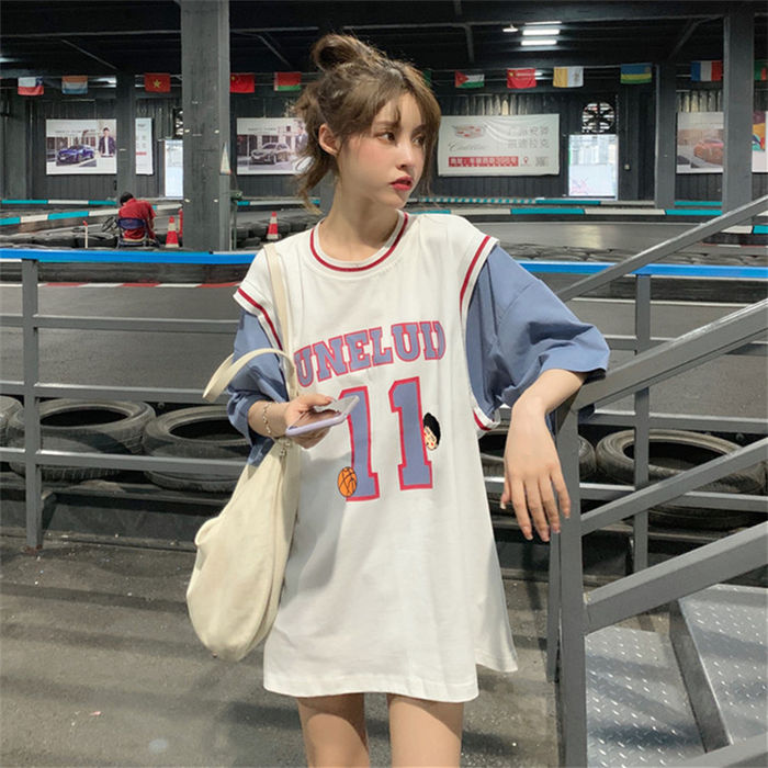 2022 Fake two-piece basketball uniform T-shirt women's  new Korean version loose mid-length jersey short-sleeved ins