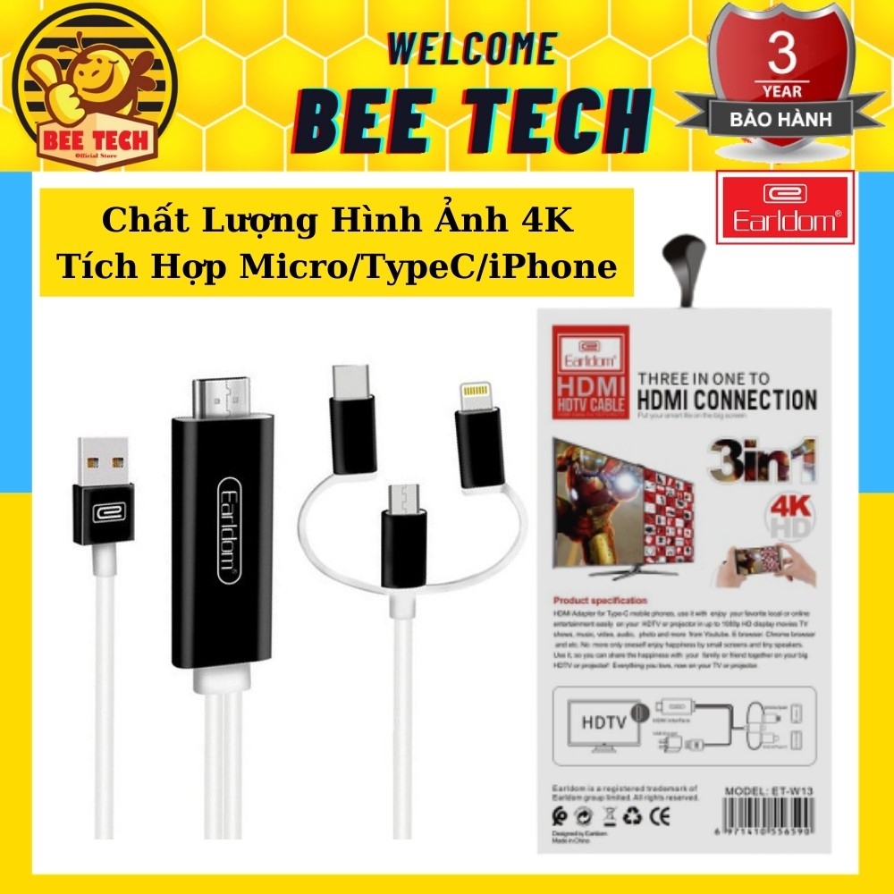 Cáp chuyển HDMI Earldom W13 cho điện thoại xuất hình ảnh video ra màn hình, máy chiếu ... Chất lượng 4K - Beetech