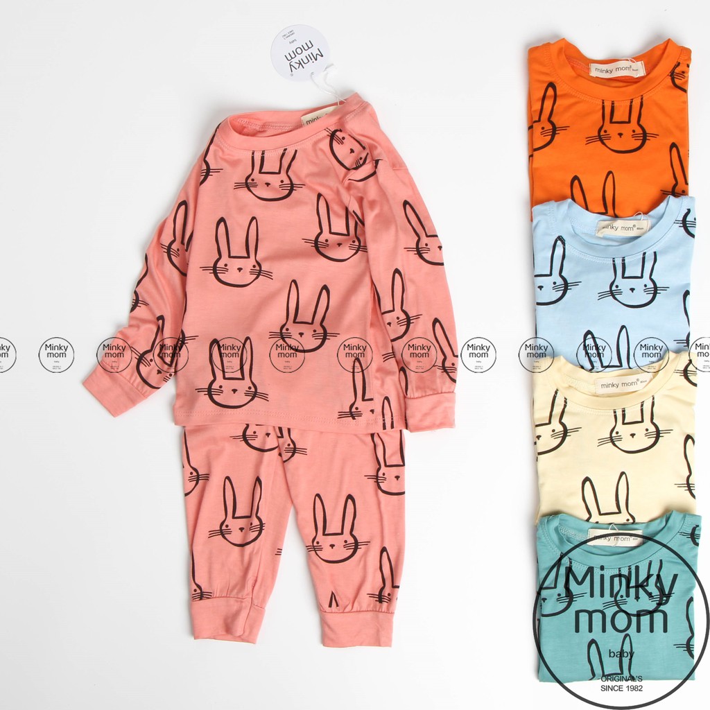 [SALE] Bộ Dài Tay Cho Bé Gái, Bé Trai Minky Mom Vải Thun Lạnh Họa Tiết Thỏ In Chìm, Quần Áo Thu Đông Cho Bé MKMTD2105