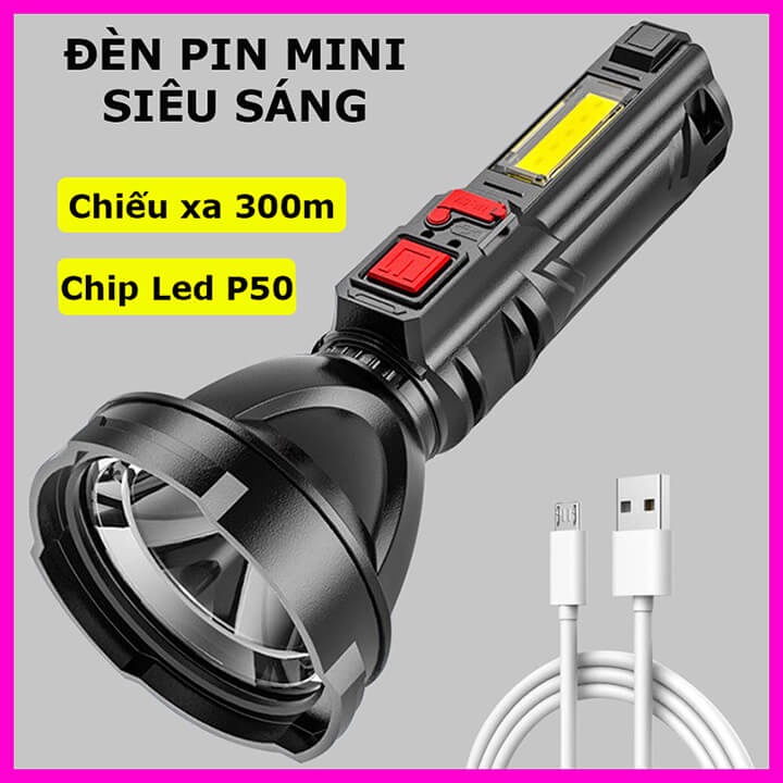 Đèn pin cầm tay mini siêu sáng chiếu xa 300m, chống thấm nước IP65, pin trâu, đèn pin led 4 chế độ kèm cap sạc micro USB