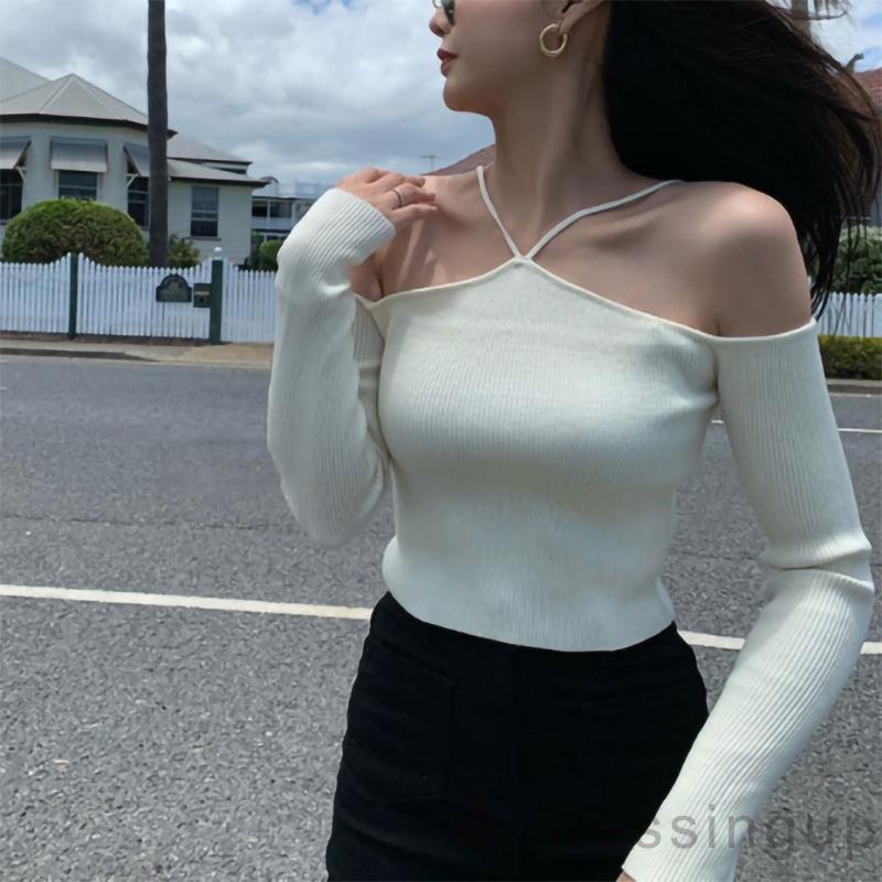 Đầm Dệt Kim Tay Dài Trễ Vai Màu Trơn / Trắng / Đen Thời Trang Mùa Hè Cho Nữ