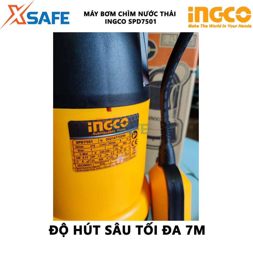 Máy bơm chìm nước thải INGCO SPD7501 Máy bơm công suất 750W(1.0HP), bơm cao tối đa 8m, hút sâu tối đa 7m - Xsafe