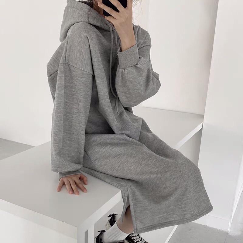 Váy hoodie dáng suông nỉ bông dày dặn có mũ phong cách ulzzang