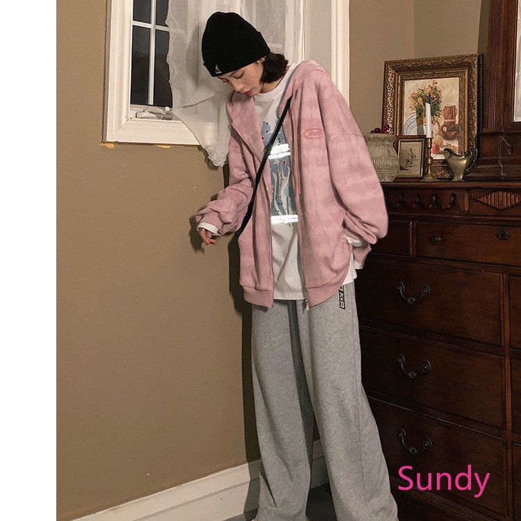 Áo Hoodie Tay Dài Nhuộm Màu Nhuộm Dáng Rộng Thời Trang Mùa Thu Cho Nữ