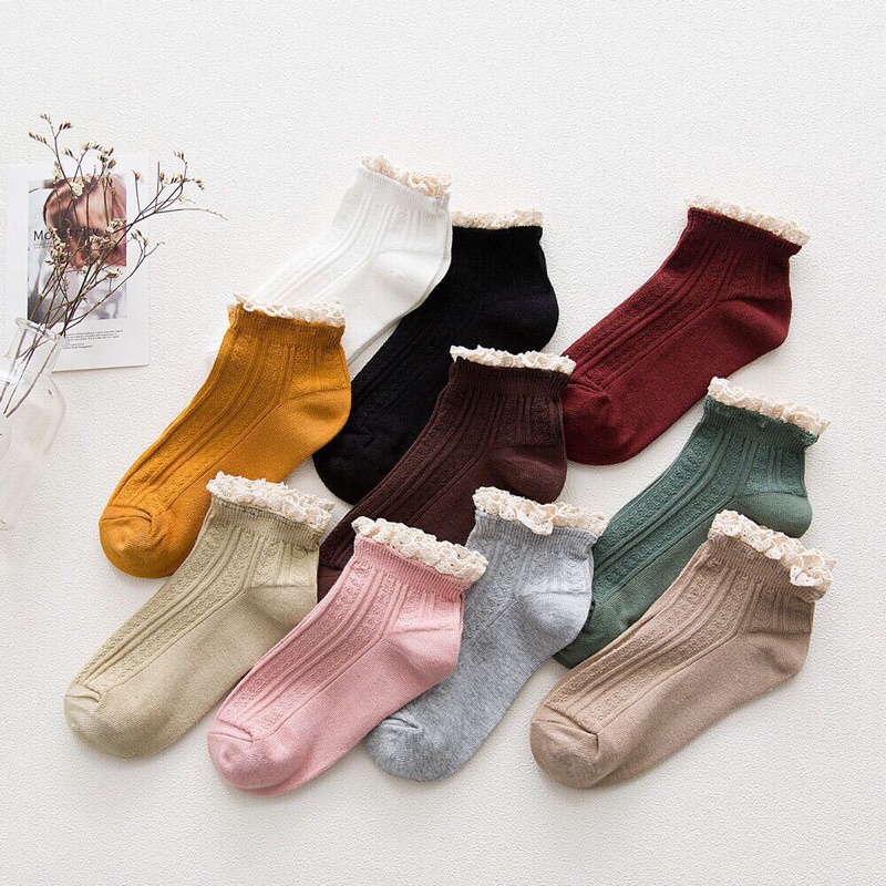 Tất cổ ngắn nữ - Vớ vintage ren nhún bèo - Tất Nhật - Tất nữ