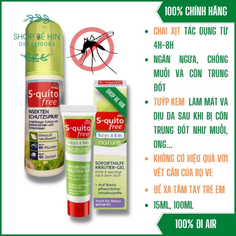 (Bill Đức) Xịt chống muỗi và côn trùng đốt Squito Đức chai nắp xanh và gel bôi vết cắn, hàng Đức