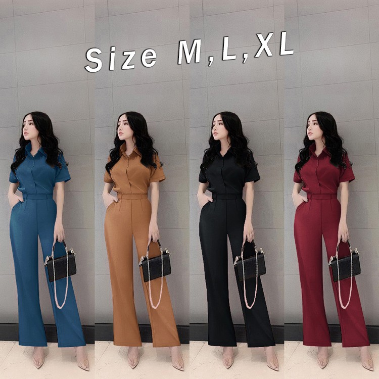 Set nguyên bộ áo sơ mi quần dài ống suông dây kéo lưng xinh xắn J1123