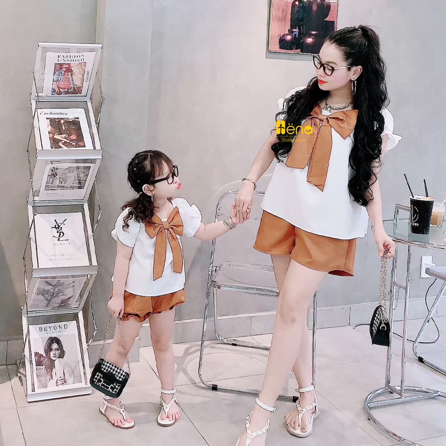 Set Đồ Đôi Mẹ và Bé Gái Trắng Be _ Đồ Bộ mẹ và bé gái lụa cao cấp 2022, Quần áo cặp mẹ và bé gái - Henashop