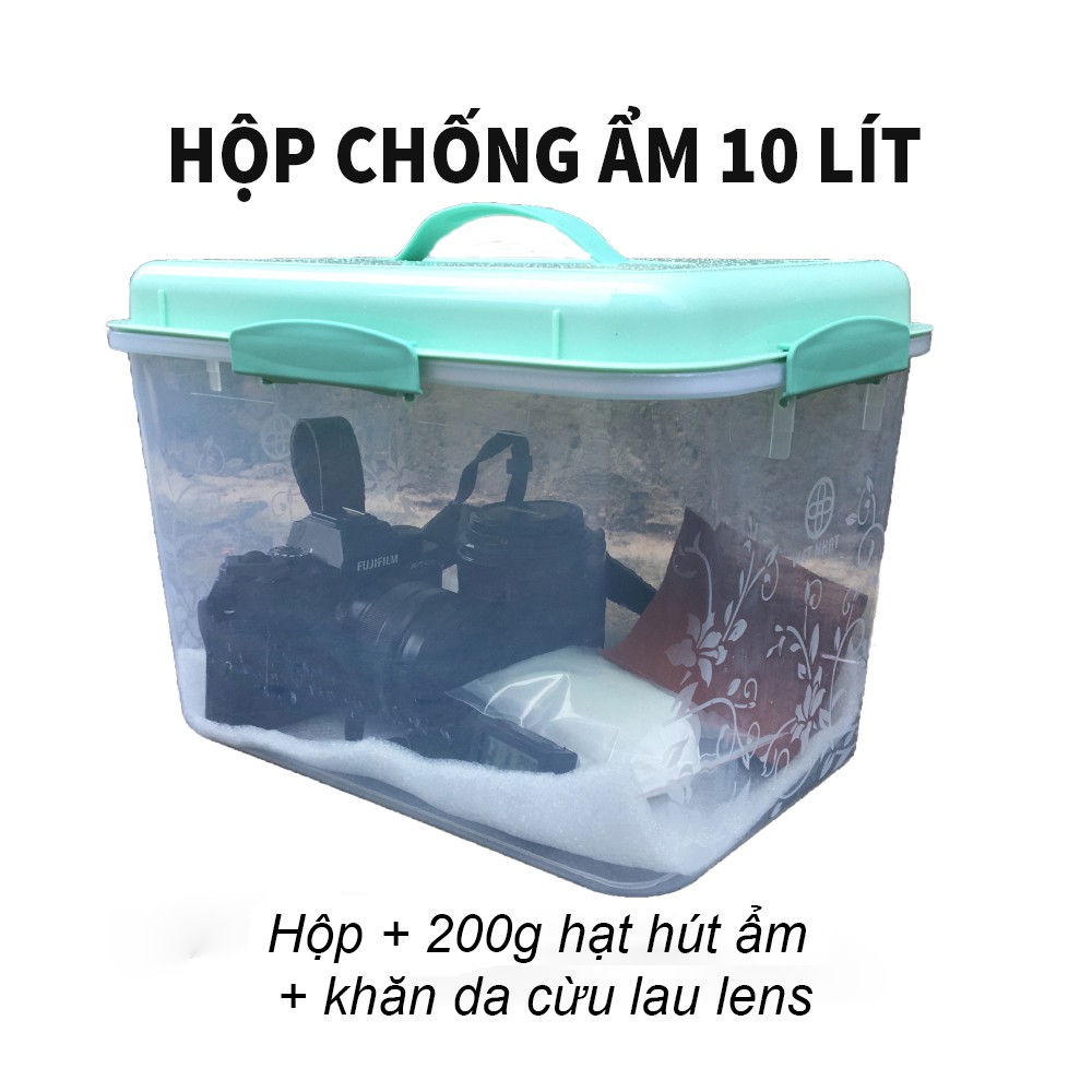 Combo hộp chống ẩm máy ảnh loại 10 lít 4 khóa tặng 200g hạt hút ẩm + khăn da cừu lau lens