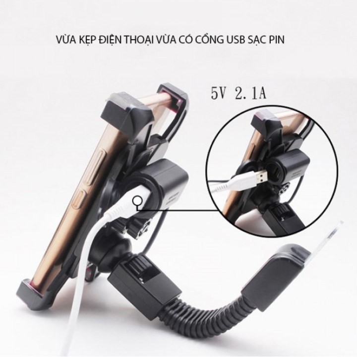 Giá đỡ kẹp điện thoại xe máy, tích hợp cổng sạc USB 5V-2A chống nước