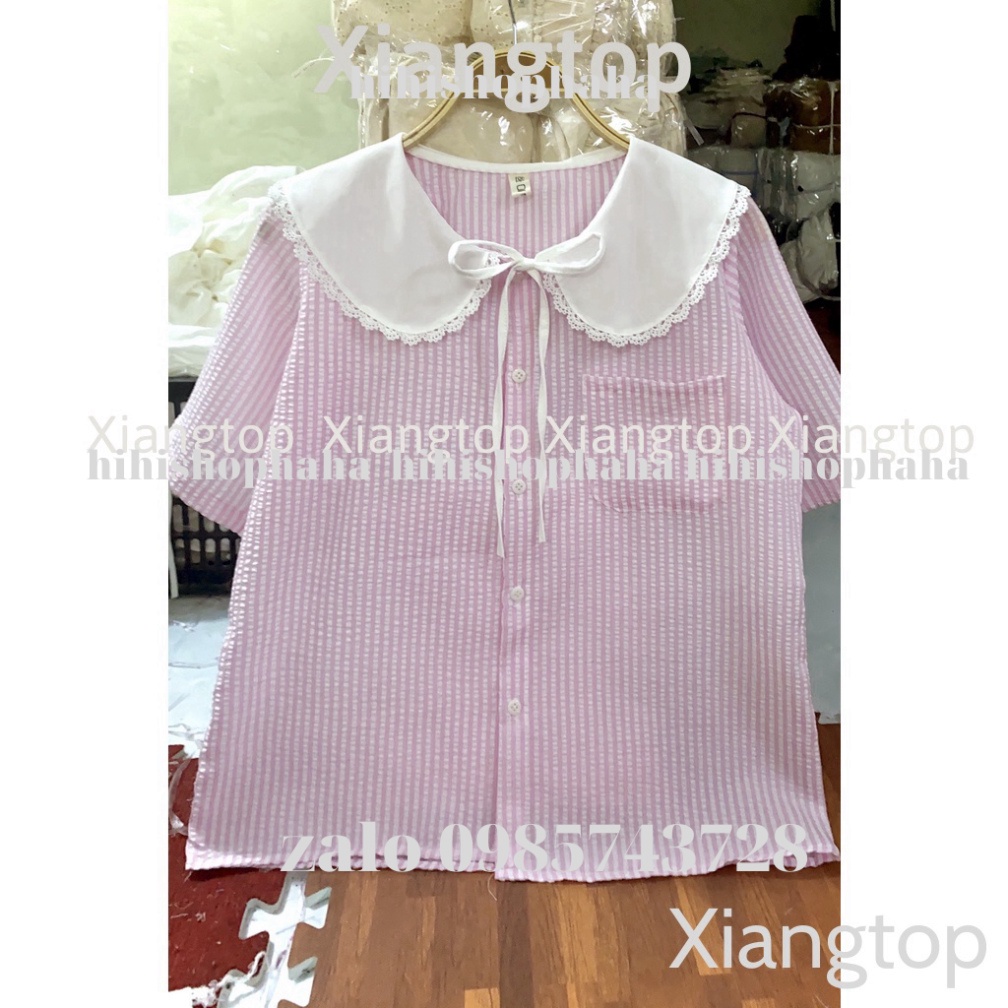 Áo sơ mi kẻ cổ bèo tiểu thư 2 màu ngắn tay kaca aosomicongsothietke vintagevn